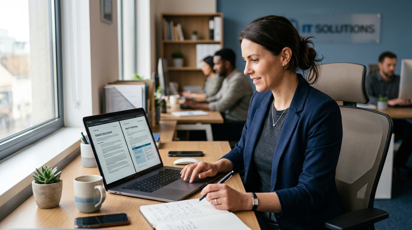 IT services founder using TenderDraft AI proposal software on a laptop to draft a public-sector tender response
